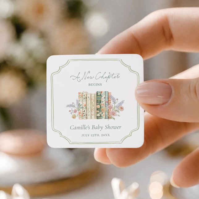 Sticker Carré Storybook Baby Shower A New Chapter Favor (A New Chapter baby shower square sticker)