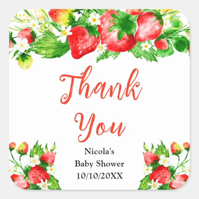 Sticker Carré Strawberries and Daisies Baby Shower Thank You (Devant)