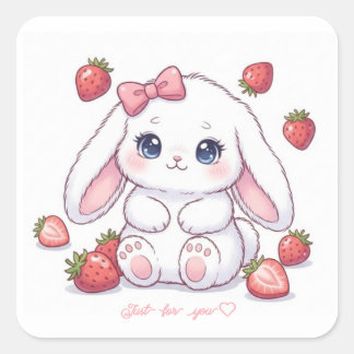 Sticker Carré Strawberry Gaze Bunny - Cute Anime Eyes & Ribbon 