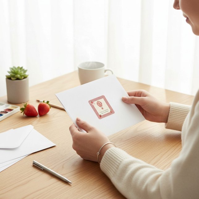 Sticker Carré Strawberry Gingham Hot Air Balloon Baby Shower (Créateur téléchargé)