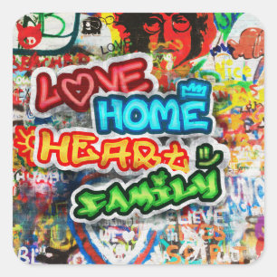Sticker Carré Streetart Graffiti Amour Maison Cœur Coloré Funky