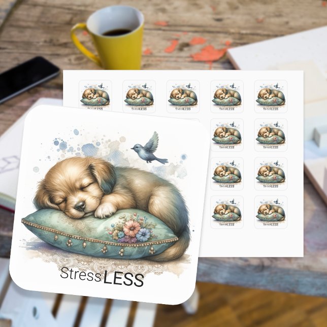 Sticker Carré Stress Moins mignon Chiot Personnalisé (Créateur téléchargé)