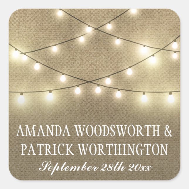 Sticker Carré String Lights Pays Rustique Burlap Wedding Faveurs (Devant)