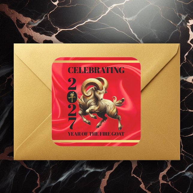 Sticker Carré Stunning Red Gold Chinese Year of Fire Goat 2027 (Stunning Chinese Year of the Fire Goat 2027 Square Sticker Cover Photo)