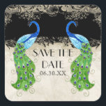 Sticker Carré Style Art Déco Peacock noir Enregistrer la date Sc<br><div class="desc">PALETTE DE COULEUR : noir, crème, tan, bleu aqua, bleu royal, vert, violet et or. COLLECTION DE DESIGN : Il s'agit de jumeler Save the Date Stickers ou Seals pour des enveloppes assorties ou pour utiliser sur des faveurs pour des réceptions et des douches nuptiales. Cette oeuvre est un mélange...</div>