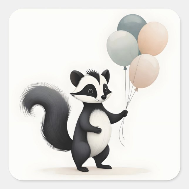 Sticker Carré Style Boho minimaliste Skunk avec ballons (Devant)