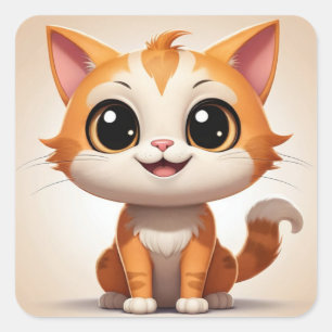Sticker Carré Style de dessin animé de chat orange mignon - 8973