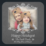 Sticker Carré Style Festif Chalkboard Photo personnalisée<br><div class="desc">Autocollant photo entièrement personnalisable avec cadre blanc perlé et tourbillonnant avec ombre portée optionnelle sur tableau noir arrière - plan avec accueil festif et ornement décoratif avec une ligne de texte personnalisable.</div>