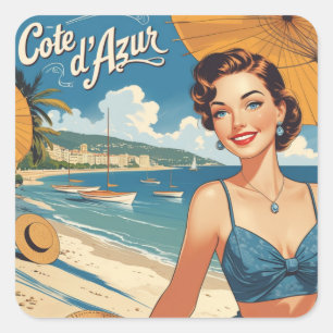 Sticker Carré Style vintage Côte d'Azur Beach Girl