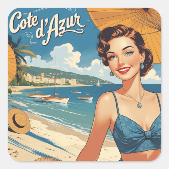 Sticker Carré Style vintage Côte d'Azur Beach Girl (Devant)
