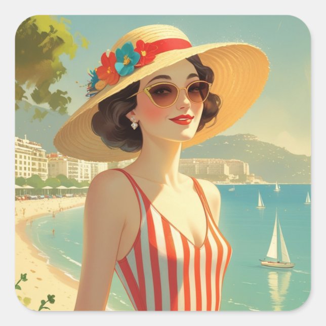 Sticker Carré Style vintage Côte d'Azur Beach Girl (Devant)