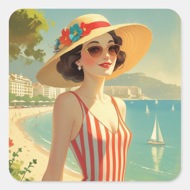 Sticker Carré Style vintage Côte d'Azur Beach Girl (Devant)