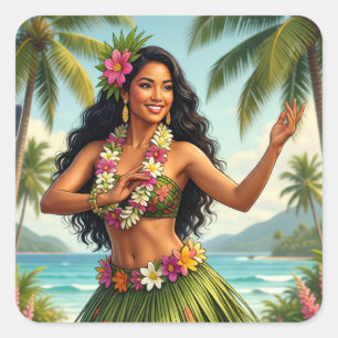 Sticker Carré Style Vintage Fille Hula Hawaïen Voyage