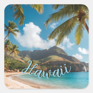 Sticker Carré Style Vintage Hawaïen Palmiers Mer Ciel Voyage