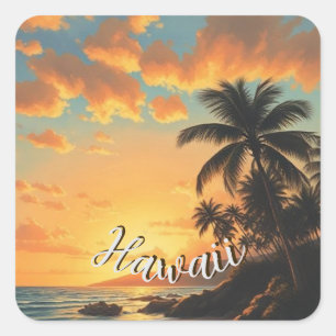 Sticker Carré Style Vintage Hawaïen Voyage Côte Mer Coucher de s