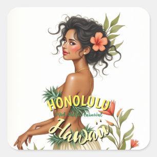 Sticker Carré Style vintage Hawaii Voyage Honolulu Hula Girl