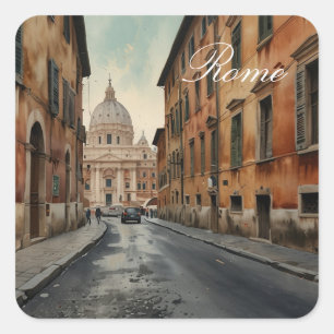 Sticker Carré Style Vintage Rome Voyage Aquarelle Italienne