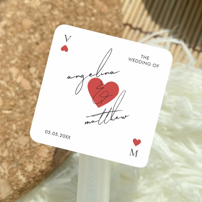 Sticker Carré Stylish Script Playing Card Casino Vegas Wedding (Créateur téléchargé)