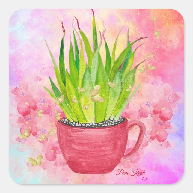 Sticker Carré Succulente Vert Aquarelle aux Pointes Roses (Devant)
