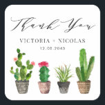 Sticker Carré Succulents à pots de saumons et Merci de cactus<br><div class="desc">Ajoutez un accent boho à vos cartes et cadeaux avec ces autocollants de remerciement personnalisables. On y trouve des succulents et des cactus aquarelles. Personnalisez en ajoutant vos propres détails. Ces autocollants de cactus remercient sont parfaits pour les mariages d'été,  les douches nuptiales,  les anniversaires,  et plus encore.</div>