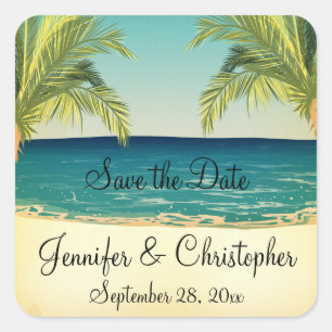 Sticker Carré Summer Beach et Palm Trees Mariage Sauvez la date