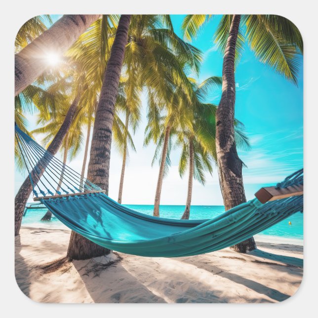 Sticker Carré Summer Beach Hammock Ocean Vacation Palm Trees (Devant)