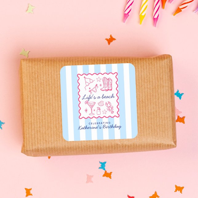 Sticker Carré Summer Blue Stripes Life's a Beach Birthday Party  (Créateur téléchargé)