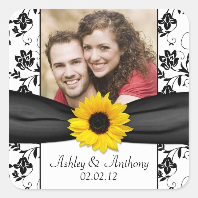 Sticker Carré Sunflower Black White Damask Photo Mariage (Devant)