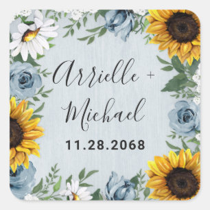 Sticker Carré Sunflower Dusty Blue Country Rustic Roses Wedding