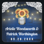 Sticker Carré Sunflower Mason Jar Blue Wood Wedding Favoriser<br><div class="desc">Stickers Sunflower Mason Jar Blue Wood Lace Wedding Favor - disposent d'une marine royale ou d'un arrière - plan de grange bleue, parés de dentelle et décorés de lumières scintillantes à cordes chaudes. Le design comporte également un bouquet de tournesols à l'intérieur d'un bocal de maçon que vous pouvez customiser...</div>