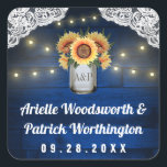 Sticker Carré Sunflower Mason Jar Blue Wood Wedding Favoriser<br><div class="desc">Stickers Sunflower Mason Jar Blue Wood Lace Wedding Favor - disposent d'une marine royale ou d'un arrière - plan de grange bleue, parés de dentelle et décorés de lumières scintillantes à cordes chaudes. Le design comporte également un bouquet de tournesols à l'intérieur d'un bocal de maçon que vous pouvez customiser...</div>