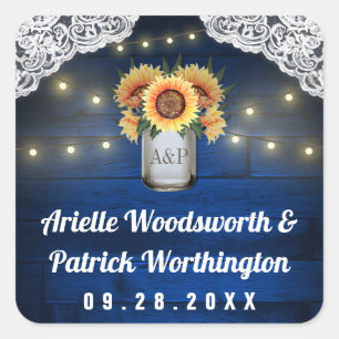 Sticker Carré Sunflower Mason Jar Blue Wood Wedding Favoriser
