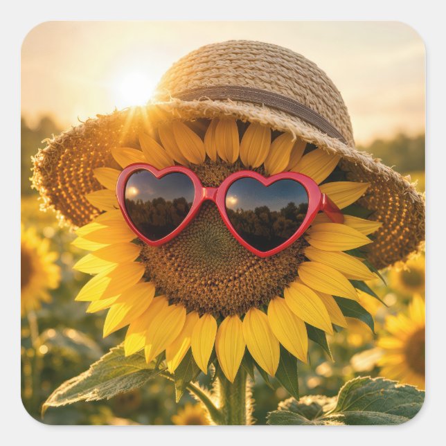 Sticker Carré Sunflower Wearing Sunglasses and Straw Hat (Devant)