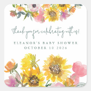 Sticker Carré Sunflower Yellow Aquarelle Baby shower Floral