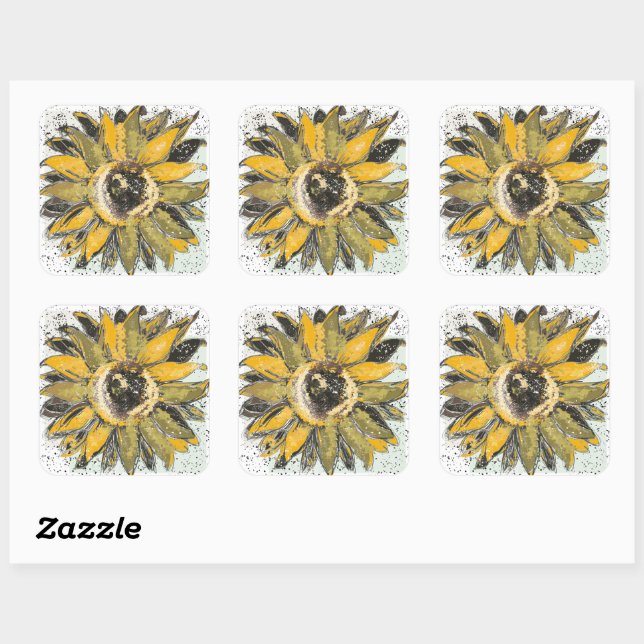 Sticker Carré Sunflower Yellow Green Black Watercolor Style Art (Feuille)