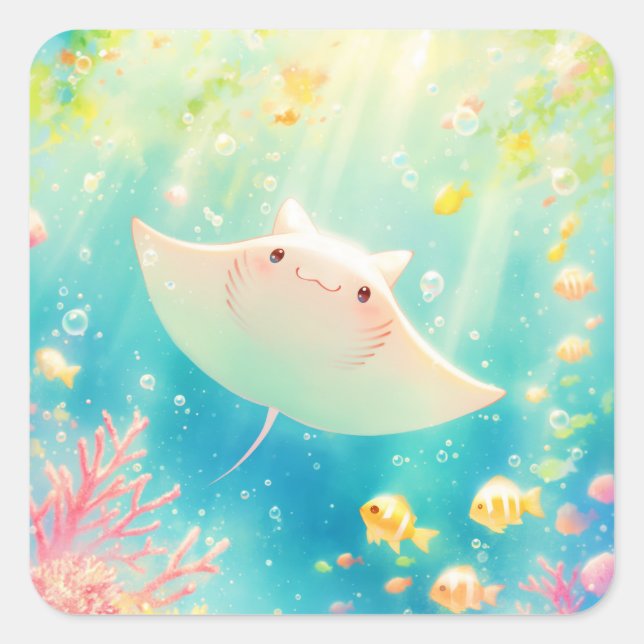 Sticker Carré Sunlit Manta Ray Gliding Through the Reef (Devant)