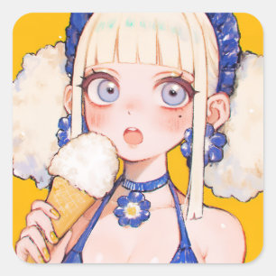 Sticker Carré Sunny Scoop Anime Girl avec Vanilla Cone