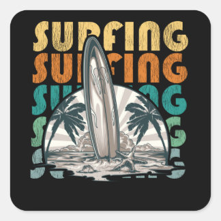 Sticker Carré Sunset Beach Surf, Surf Vintage Surf Surface