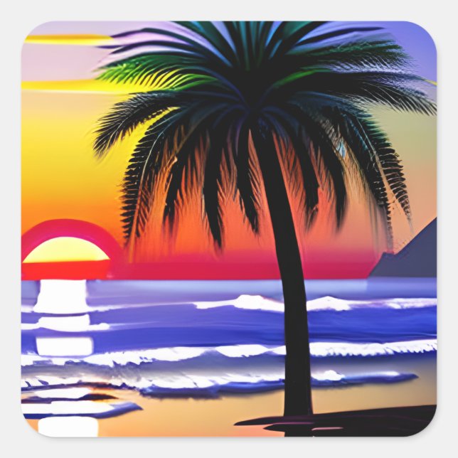 Sticker Carré Sunset et Palm Tree Beach ARt (Devant)