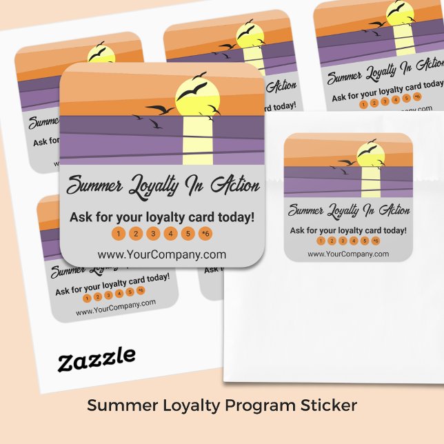 Sticker Carré Sunset & Grey Modèle - Programme de fidélité d'été (Sunset & Gray Template – Summer Loyalty Program Square Sticker)