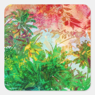 Sticker Carré Sunset Jungle Tropical Palm Feuille