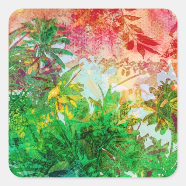 Sticker Carré Sunset Jungle Tropical Palm Feuille (Devant)