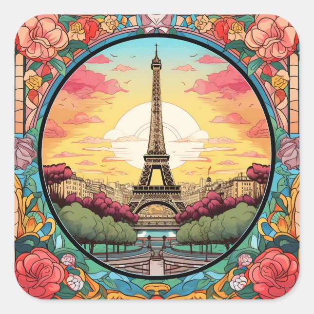 Sticker Carré Sunset Paris Tour Eiffel Paris Français Floral (Devant)