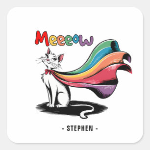 Sticker Carré Super Cat Meeeow - Rainbow Cape Pride Cat