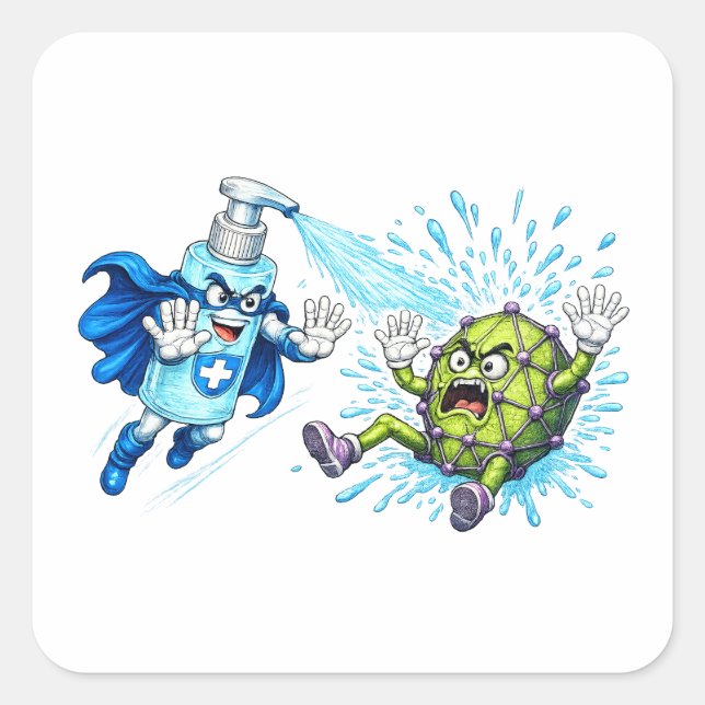 Sticker Carré Super Sanitizer vs. Germ Monster (Devant)