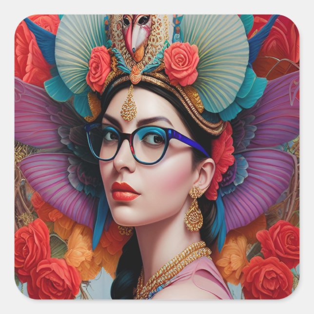 Sticker Carré Superbe princesse avec lunettes (Devant)