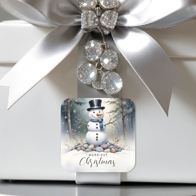 Sticker Carré Superbe Superbe Snowman Forêt Paysagère Gelée (Cute Gorgeous Snowman Frosted Landscape Forest Christmas Square Stickers. )