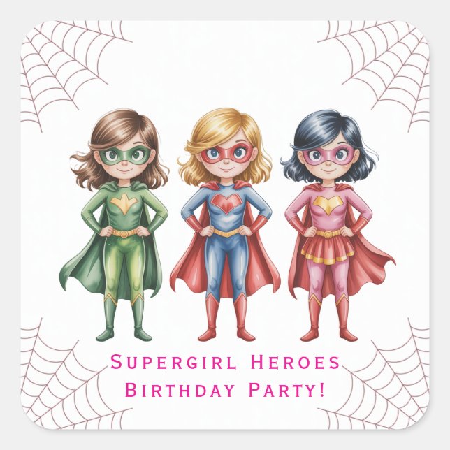 Sticker Carré Supergirl Heroes Anniversaire Fête Pour Filles (Devant)