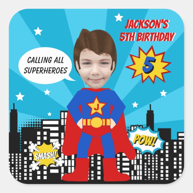 Sticker Carré Superhero Comic Style de livre Boy Birthday Photo (Devant)