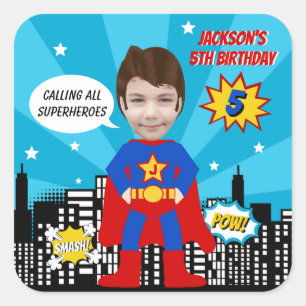 Sticker Carré Superhero Comic Style de livre Boy Birthday Photo